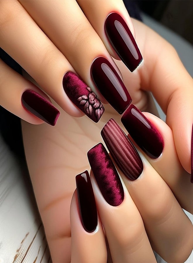 GRITOSE Coffin Press on Nails MediumLength Fake Nails Coffin Shape False Nails with Floral design Stick on Nails Full Cover Red Acrylic Artificial Nails Gel Glue on Nails for Women Reusable Nail Decor24pcs - Image 1
